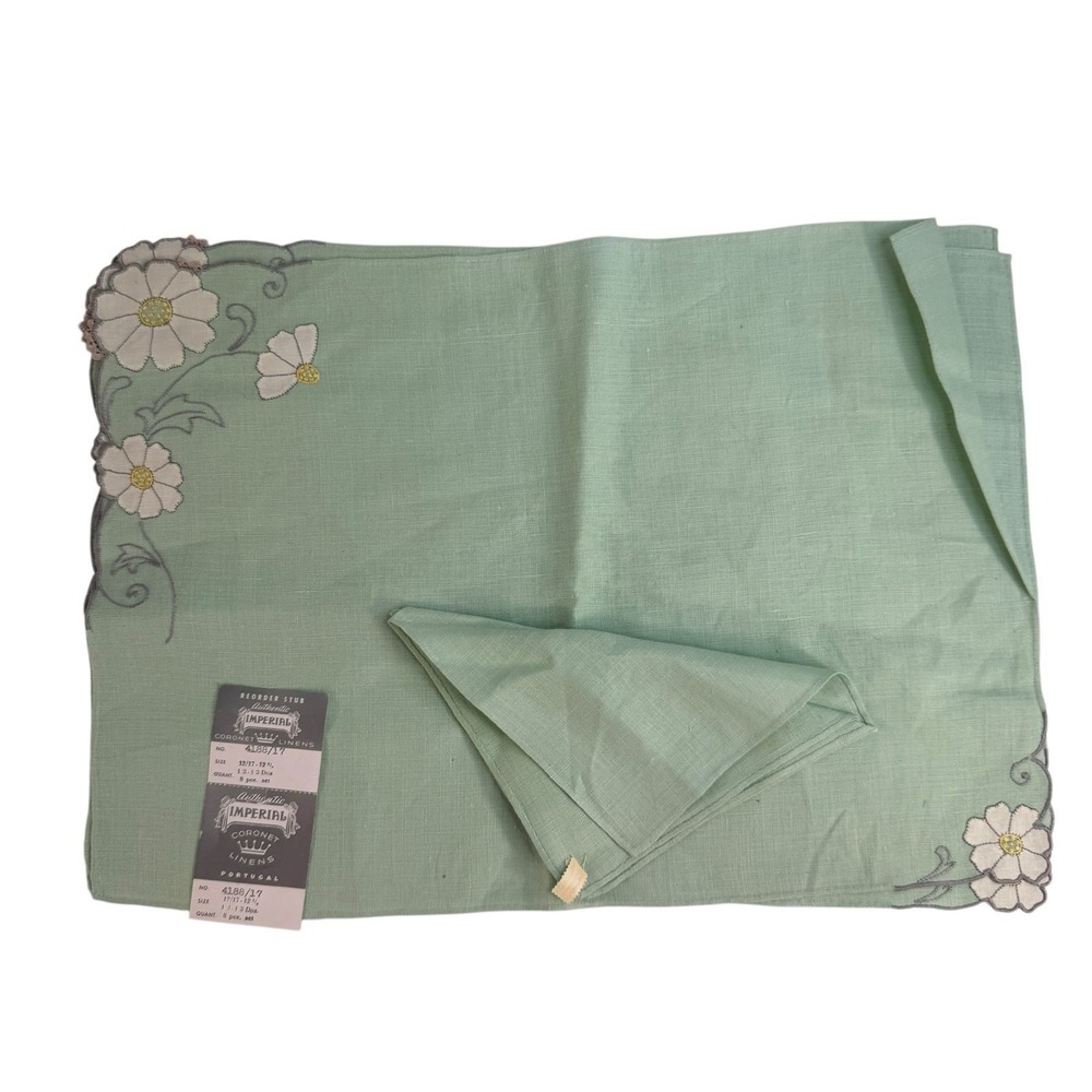Vintage Placemat SET Linen Hand EMBROIDERY IMPERIAL Coronet Green Floral Daisy